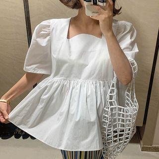 Square-neck Puff-shoulder Peplum Blouse