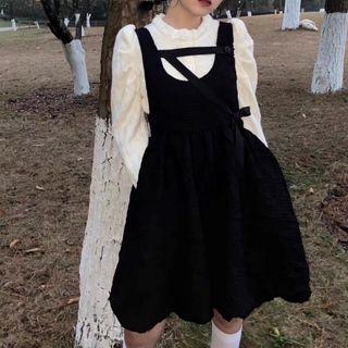 Puff-sleeve Knit Top / Plain A-line Overall Dress