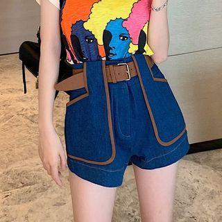 Short-sleeve Graphic Print T-shirt / Contrast Trim Denim Shorts