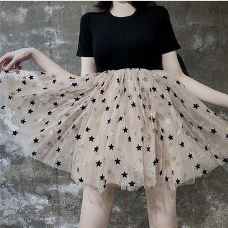 Star Print Mesh Panel Short-sleeve Mini A-line Dress