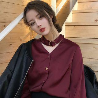 Inset Necklace Long Sleeve V-neck Blouse