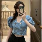 Double-breasted Puff-sleeve Cropped Denim Top Denim Blue - One Size