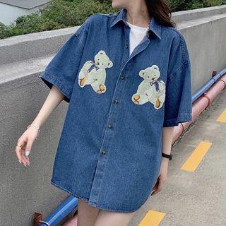 Elbow-sleeve Embroidered Denim Shirt Denim Blue - One Size