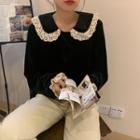 Crochet Trim Long-sleeve Velvet Top Black - One Size