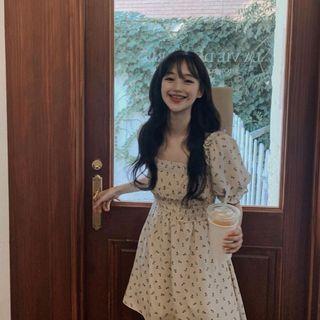 Puff-sleeve Floral Mini A-line Dress Almond - One Size