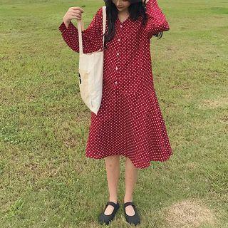 V-neck Dotted Print Midi Dress Red - One Size