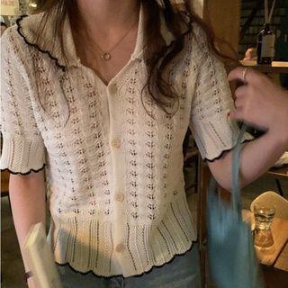 Short-sleeve Contrast Trim Open Knit Cardigan