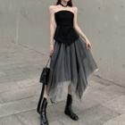Strapless Asymmetrical Top / Mesh Midi A-line Skirt