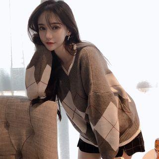 V-neck Knit Sweater Gray - One Size