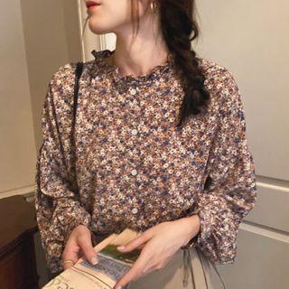 Long-sleeve Buttoned Floral Print Mock-neck Blouse