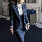 Set: Pinstriped Peak-lapel Blazer + V-neck Sheath Pinafore Dress