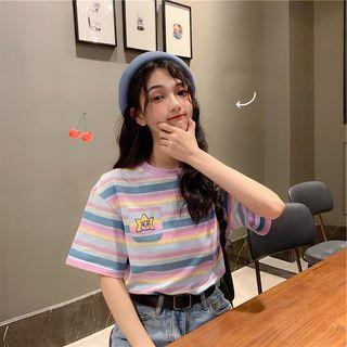 Short-sleeve Multicolor Striped Pocket Embroidered T-shirt