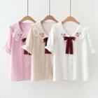Elbow-sleeve Collared Ribbon Blouse