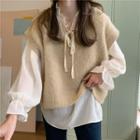 Long-sleeve Tie-neck Chiffon Blouse / Sweater Vest