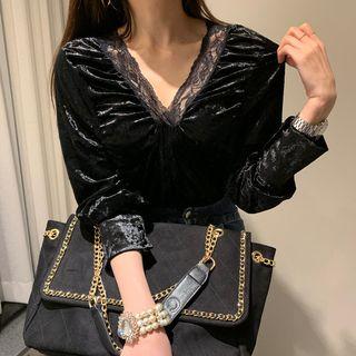 3/4-sleeve Lace Trim Velvet Top