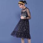 Set: Dotted Print Sheer Dress + Spaghetti-strap Floral Dress