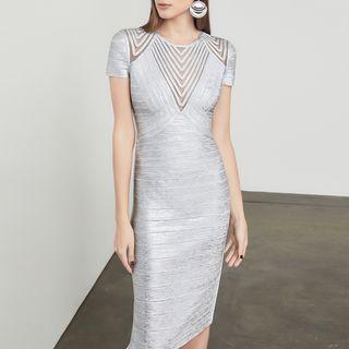 Short-sleeve Tulle-panel Zip-back Sheath Dress