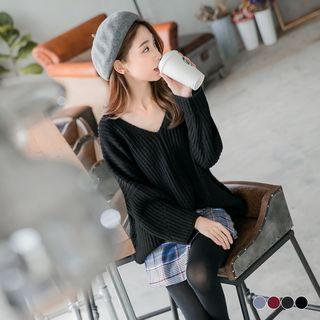 Ribbed Knit V-cut Dolman Sweater
