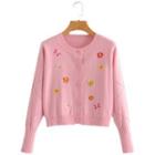 Floral Embroidered Cropped Knit Cardigan 9211 - Pink - One Size