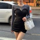 Long-sleeve Two-tone Ruched Mini Bodycon Dress Black - One Size