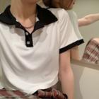 Short-sleeve Collar Contrast Trim Cropped T-shirt