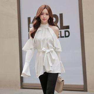 Bell-sleeve Cutout Blouse With Sash