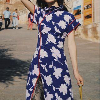 Short-sleeve Floral Printed Lace Slit Qipao