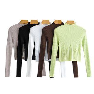 Long-sleeve Mock-neck Mesh Panel Crop Top