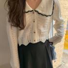Collared Contrast Trim Cardigan Beige & Black - One Size