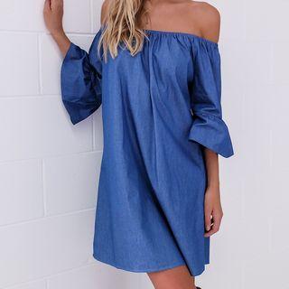 Off-shoulder Ruffled Denim Shift Dress