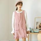 Sleeveless Buttoned Placket Frill Trim Mini Corduroy Dress