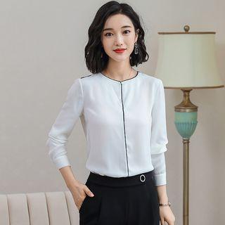 Contrast Trim Chiffon Blouse / Dress Pants / Set