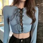 Lace Up Long-sleeve T-shirt Blue - One Size