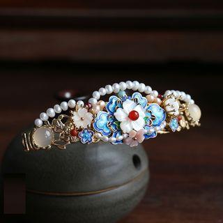 Retro Bead Flower Hair Stick With Box - White & Blue - One Size