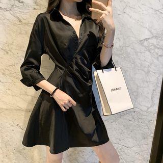 3/4-sleeve Crinkled Satin A-line Mini Dress