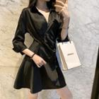3/4-sleeve Crinkled Satin A-line Mini Dress