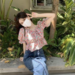 Floral Ruffle Cropped Blouse Pink - One Size