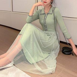 Contrast Trim 3/4-sleeve Midi Knit A-line Dress