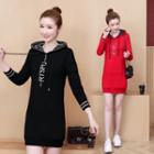 Letter Embroidered Long-sleeve Hooded Mini Sheath Dress