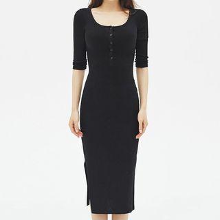 Plain Elbow Sleeve Side Slit Midi Knit Dress