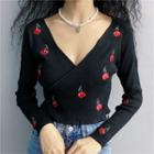 V-neck Embroider Cherry Long-sleeve Top