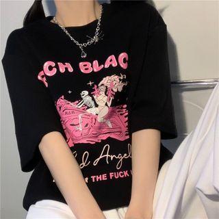 Short-sleeve Round-neck Print Top Black - One Size