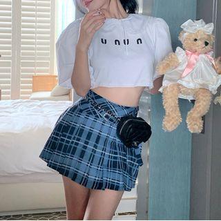 Puff-sleeve Lace Trim Crop Top / Plaid Mini A-line Skirt