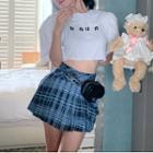 Puff-sleeve Lace Trim Crop Top / Plaid Mini A-line Skirt