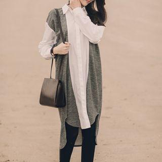 Stand Collar Woolen Panel Long Shirt Gray - One Size