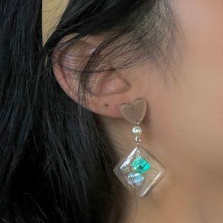Heart Square Dangle Earring 1 Pair - 2006a - Green & Pink - One Size
