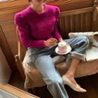 Puff-shoulder Ribbed Fuzzy Sweater