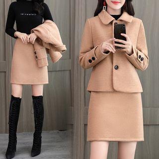 Set: Plain Button Coat + A-line Skirt