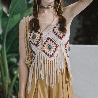 Tasseled Patterned Woven Tank Top Almond - One Size