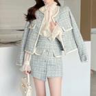 Set: Faux Pearl Button Tweed Blazer + Asymmetrical Mini Skirt